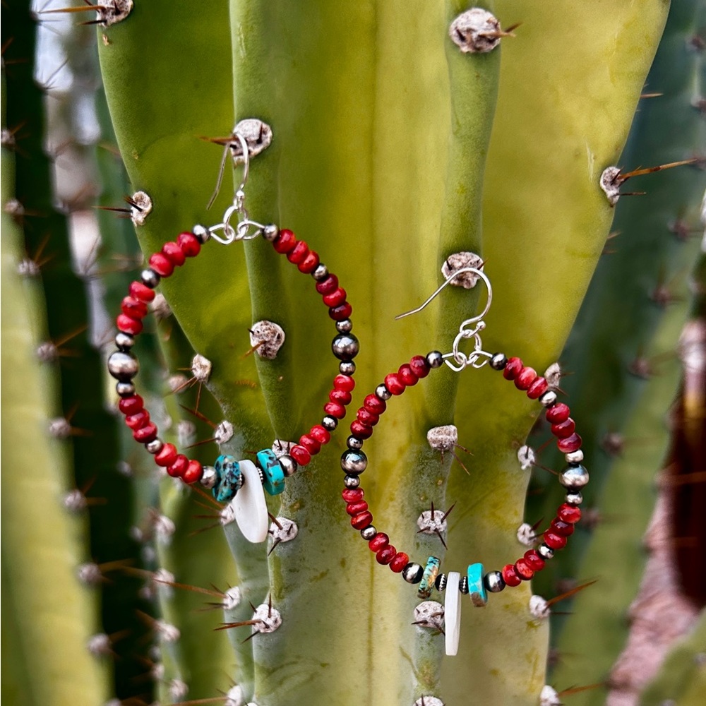 SOLD Red spiny oyster shell with Turquoise Navajo Pearl hoop earrings